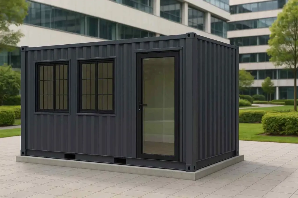 Dark grey containerized work pod with side windows.