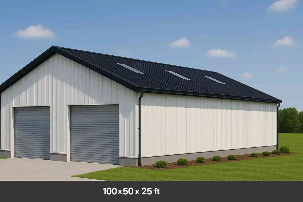 Pre-engineered steel building with teal roof and beige walls