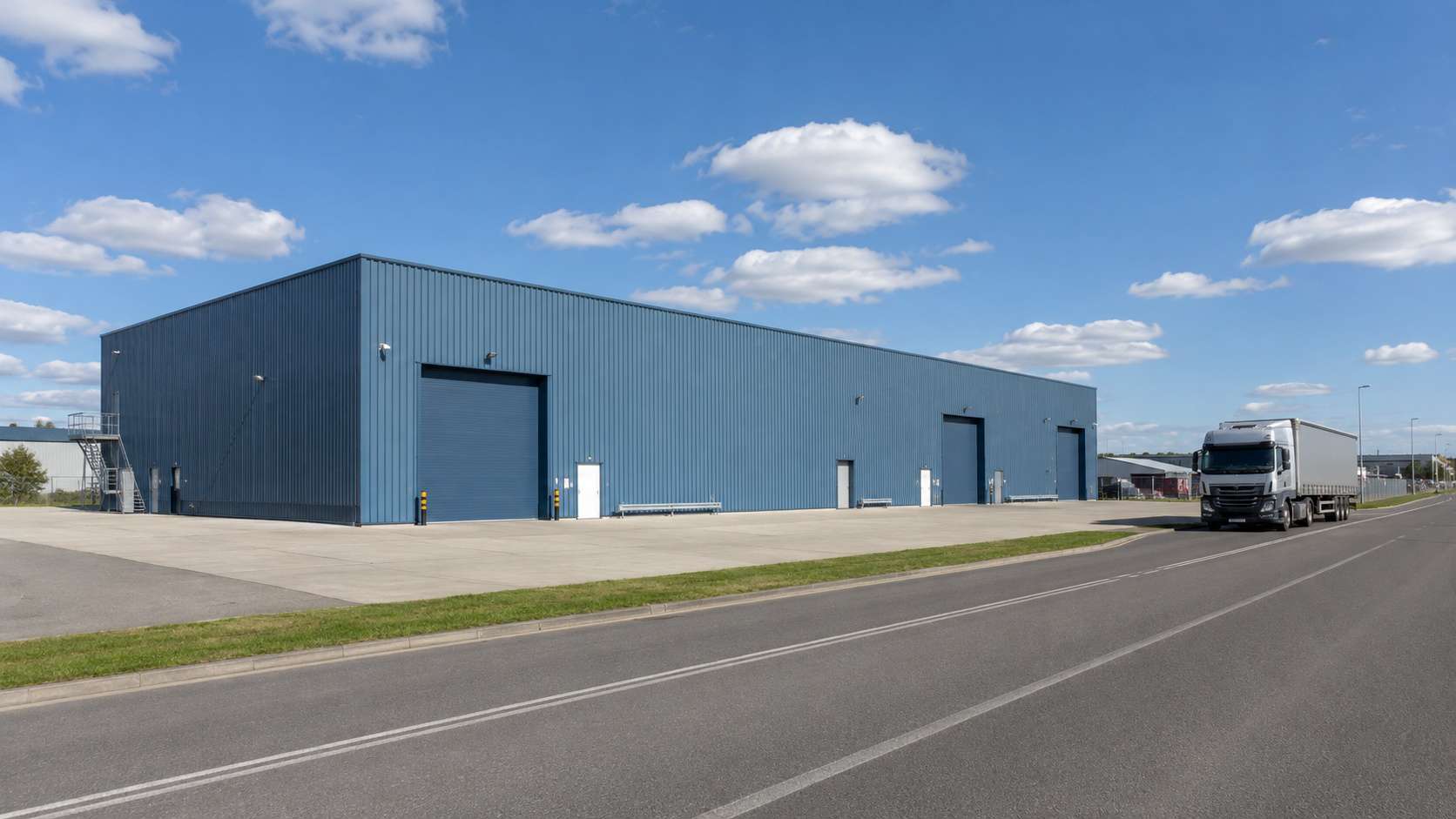 Steel-blue engineered building in a logistics zone with a goods vehicle on the access road.