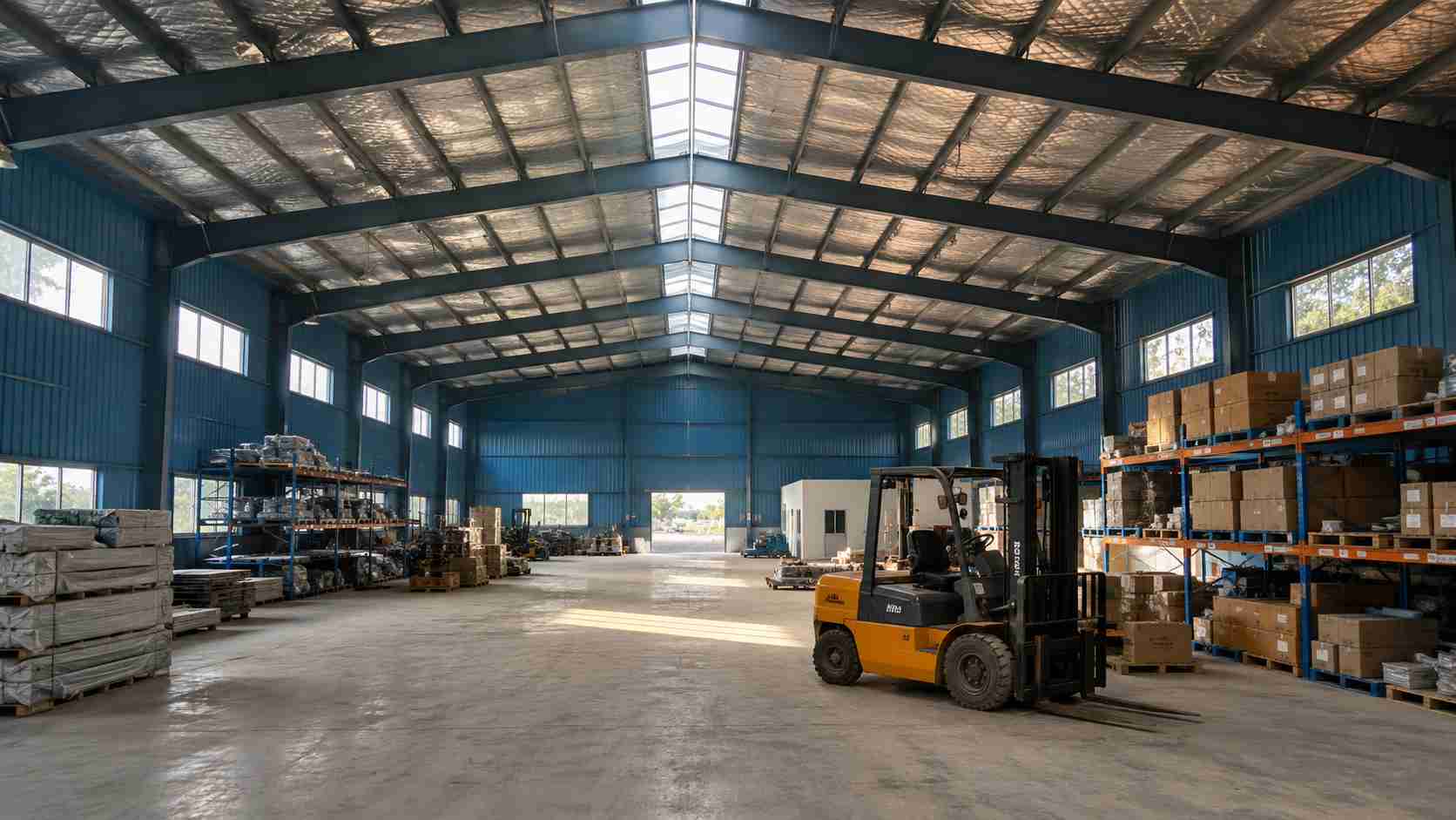 Interior of an engineered building with clear-span rafters, racking and a forklift in use.