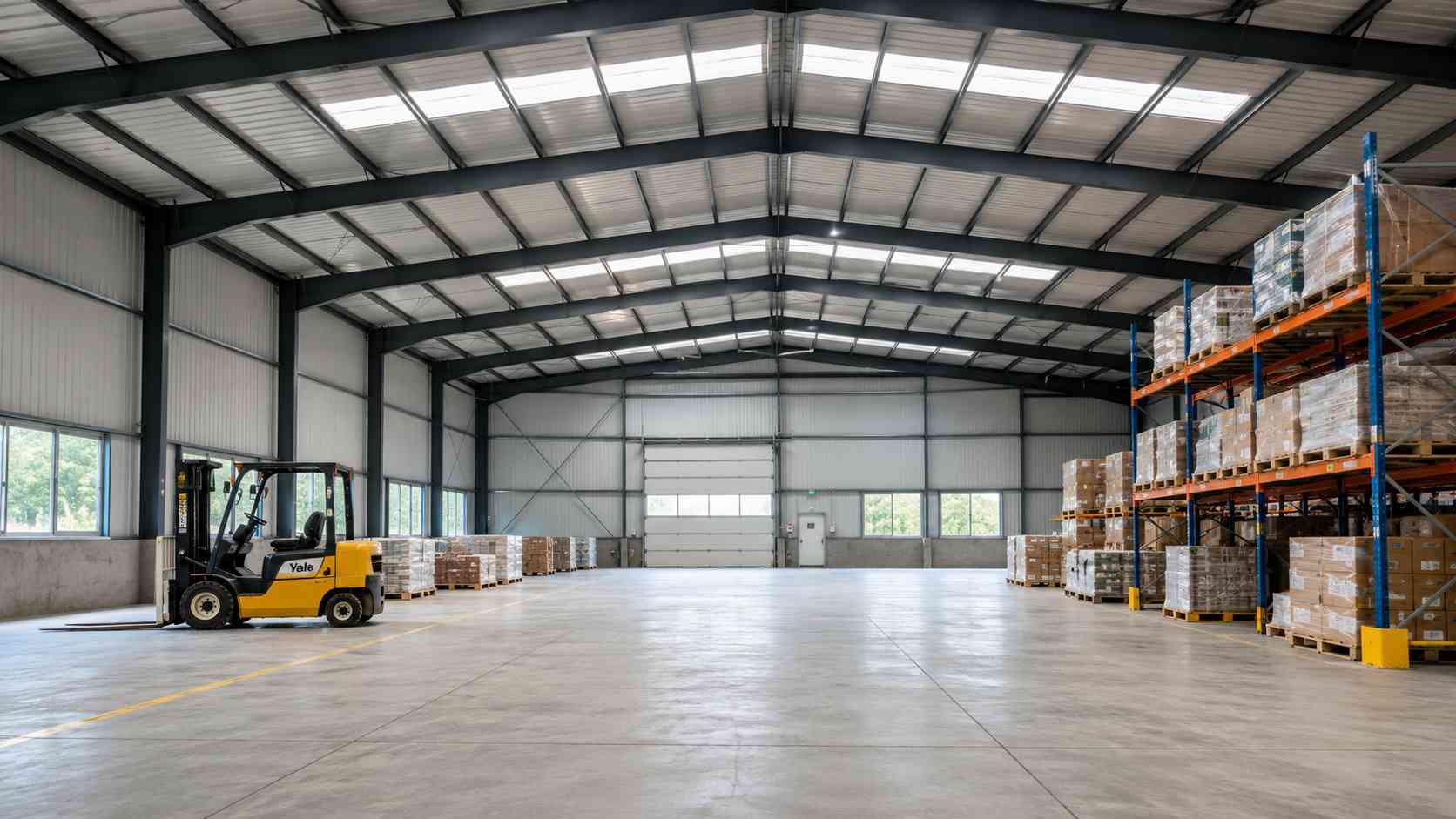 Column-free clear-span interior of an engineered metal building with racking and a forklift