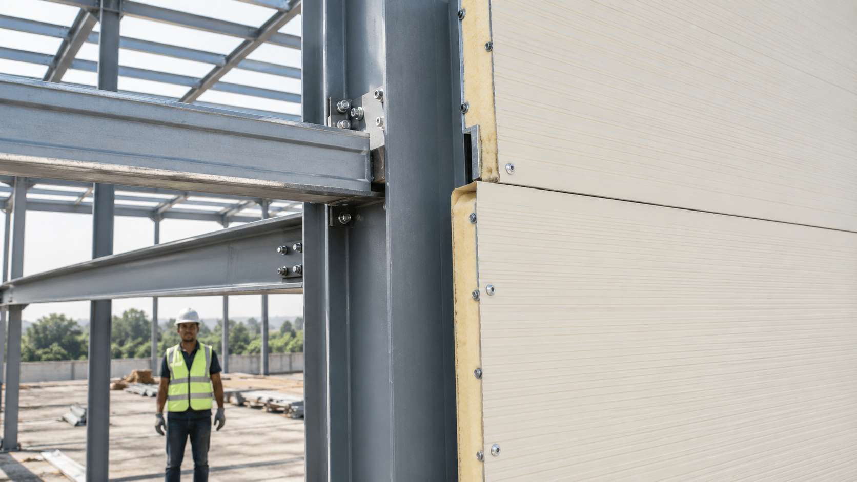 PUF sandwich panel being fixed to the mild steel frame of an engineered metal building