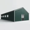Dark-green engineered steel building with white personnel door on a plain background