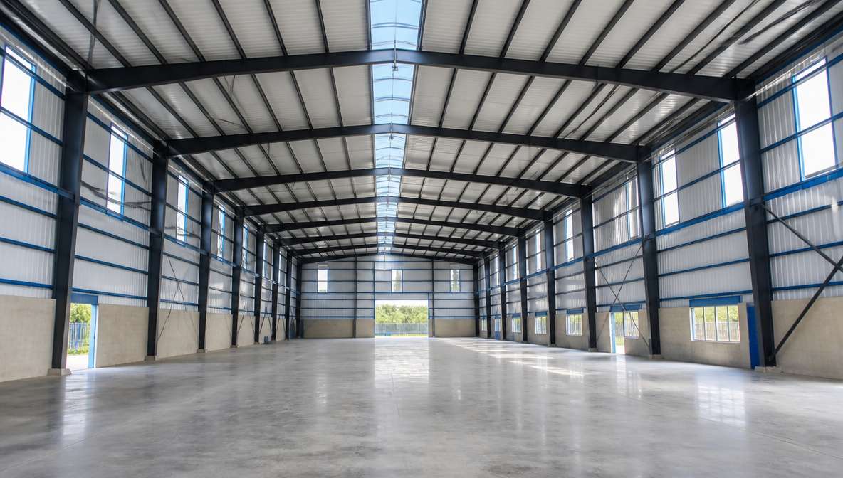 Column-free clear-span interior of an engineered steel building with exposed steel rafters and high eave