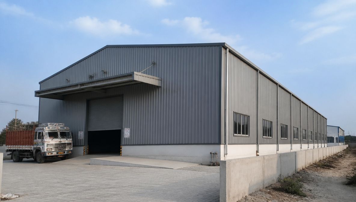 Steel-grey engineered steel building on an Indian factory compound with a roller-shutter loading bay