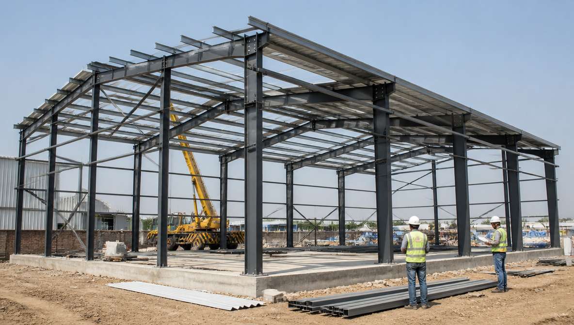 Pre-engineered steel building frame being erected with bolted columns, rafters and purlins at an Indian site