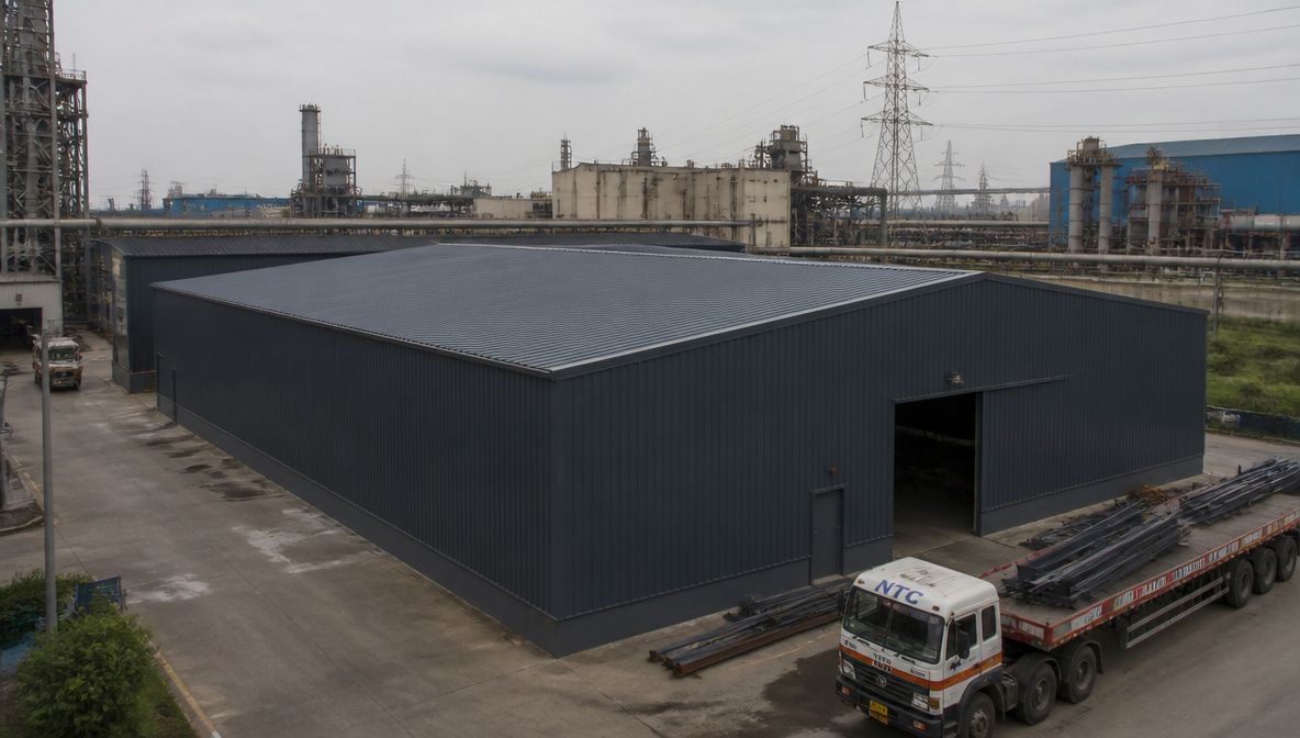 Slate-charcoal engineered steel building within an Indian heavy-industry estate beside other plant structures