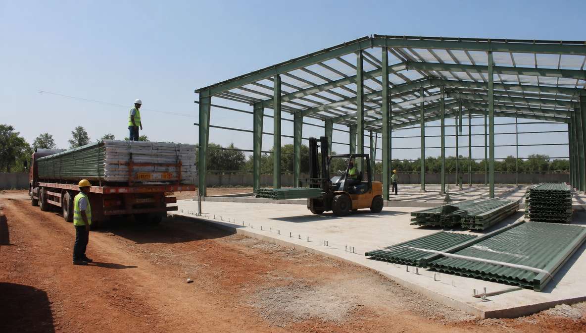 Engineered steel building delivered to an Indian site with steel members offloaded onto a concrete foundation