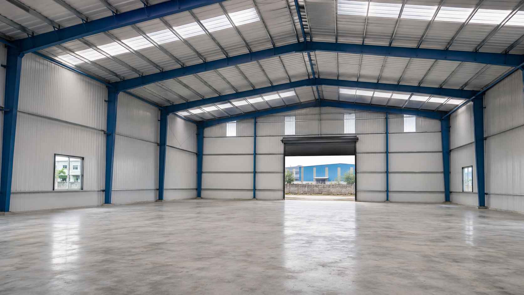 Clear-span interior of a blue engineered steel structure with steel rafters overhead
