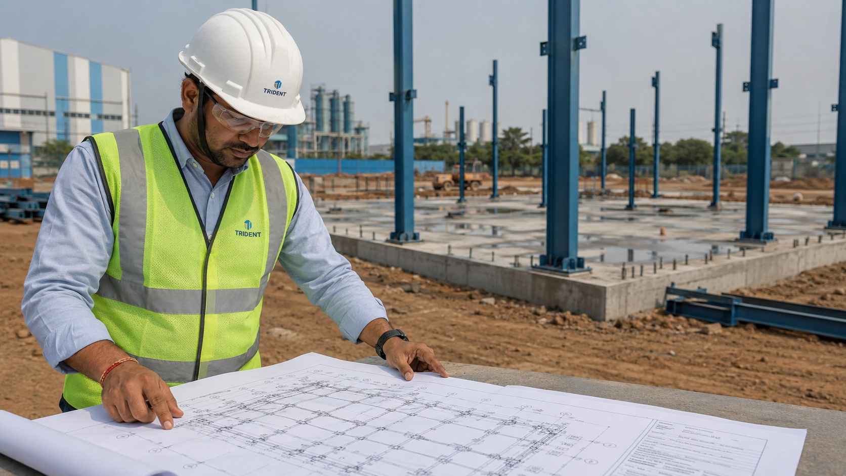 Engineer reviewing structural drawings at the site of a blue engineered steel structure