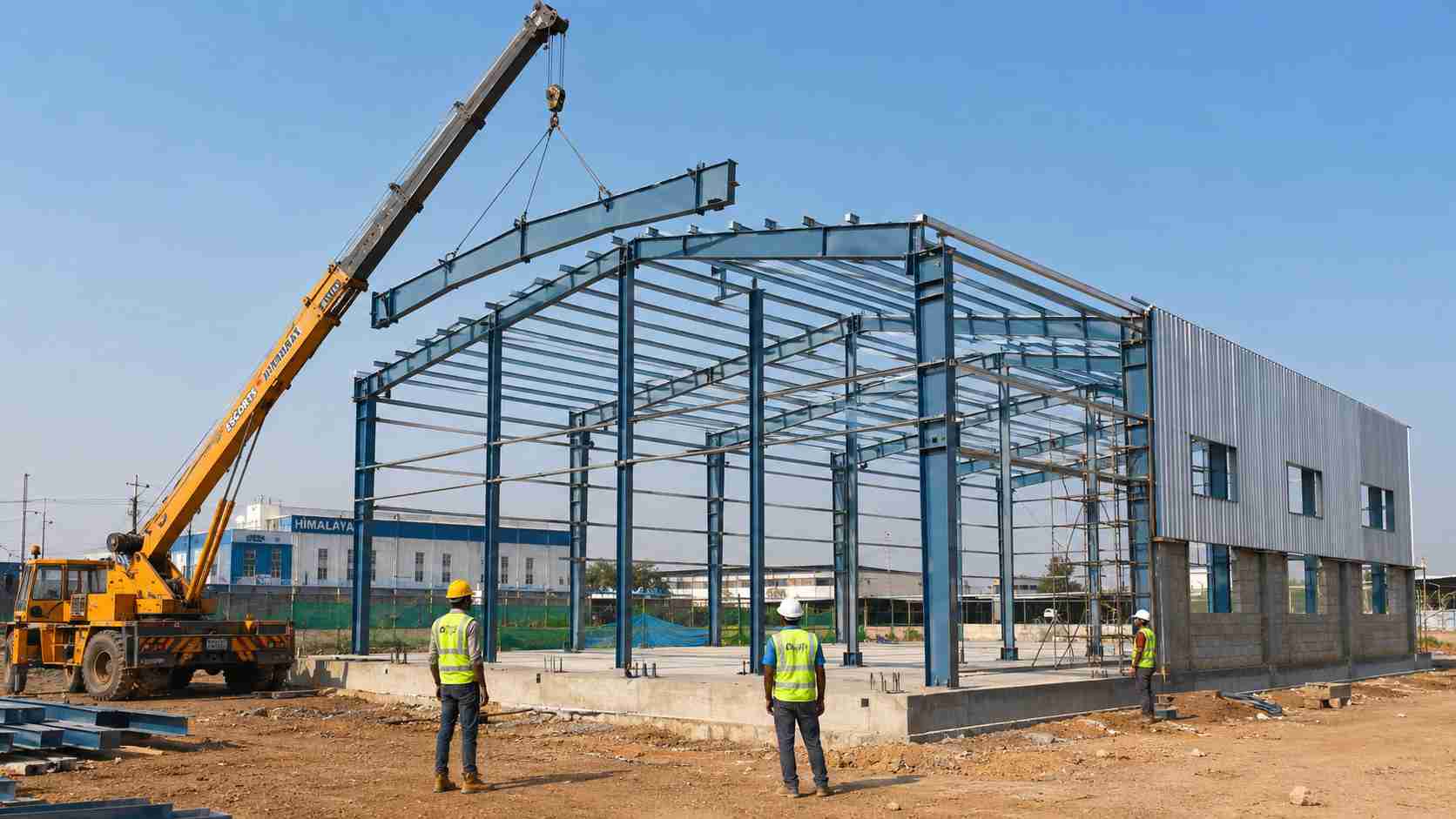 Steel-blue engineered steel structure frame being erected by a hi-vis crew on an Indian site