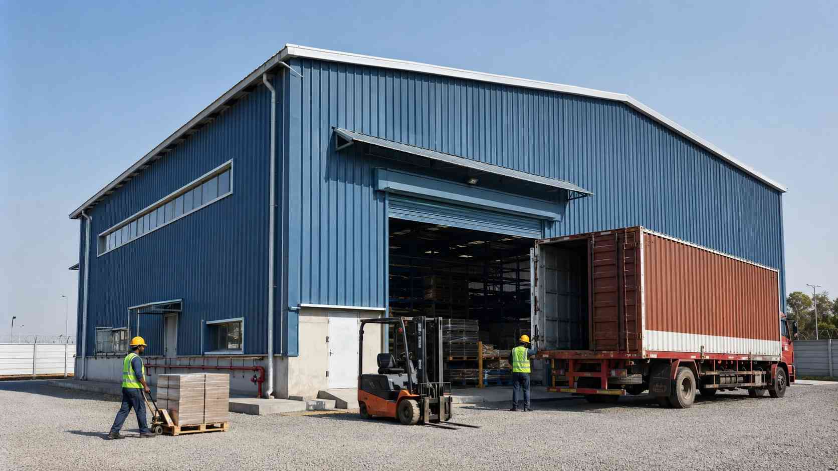 Blue engineered steel structure in use with a truck at the open roller-shutter loading bay