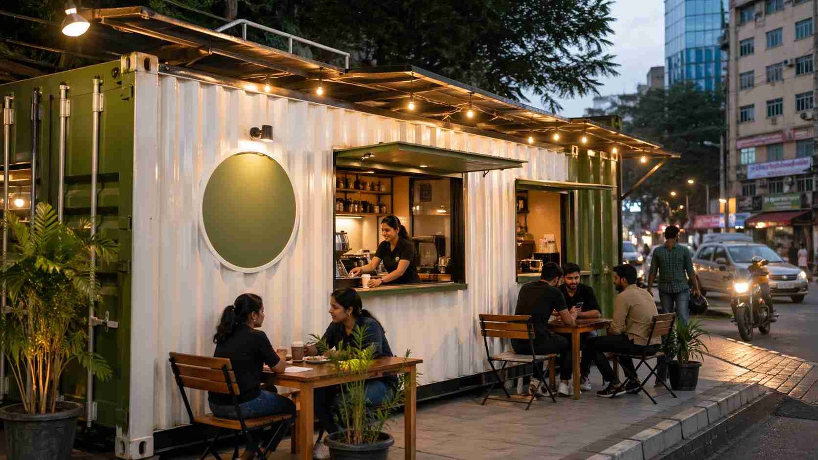 container cafe operational street location Bangalore India outdoor seating