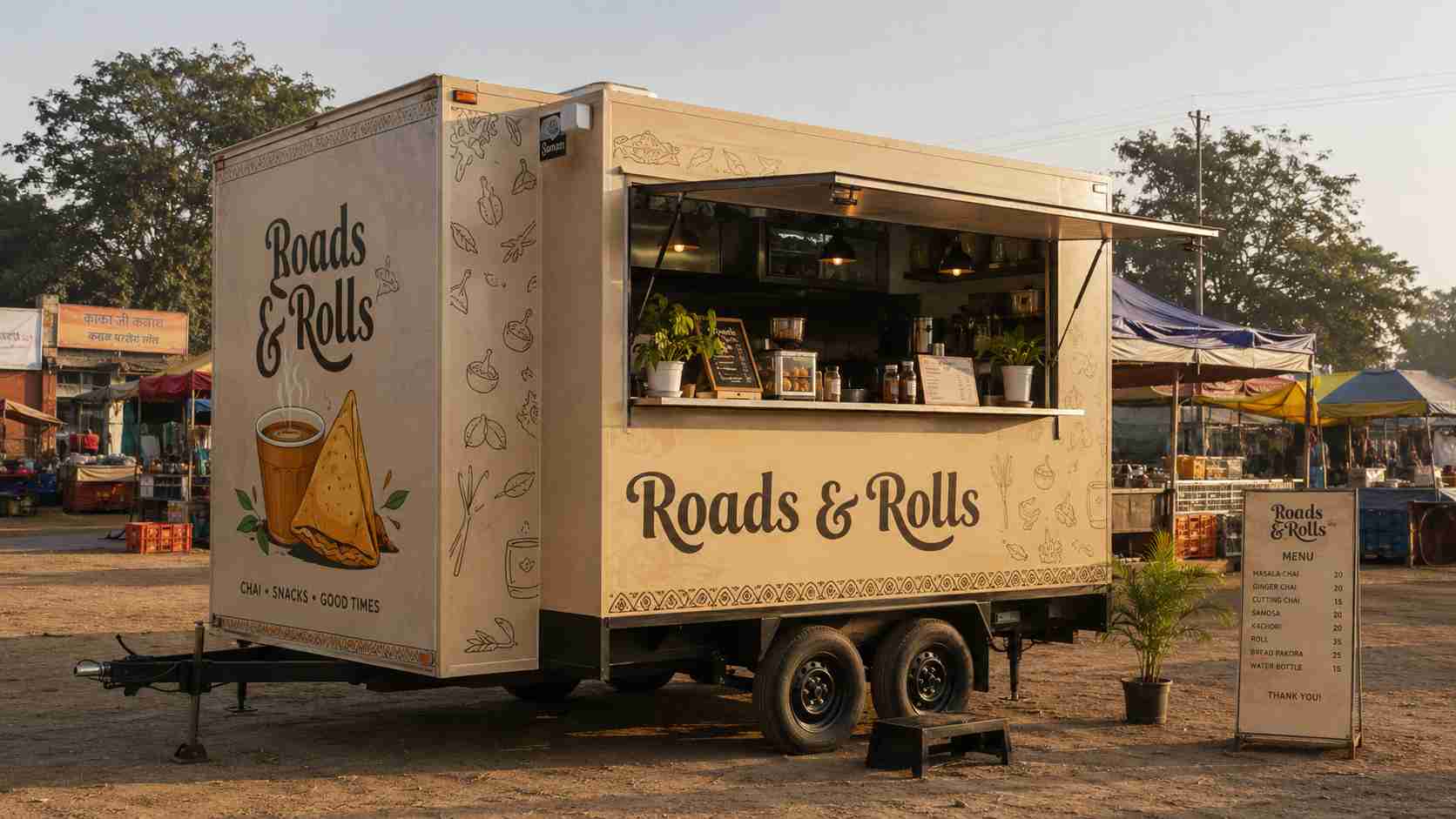 SAMAN food truck container with full custom vinyl wrap parked at an Indian weekend market with the service window open.