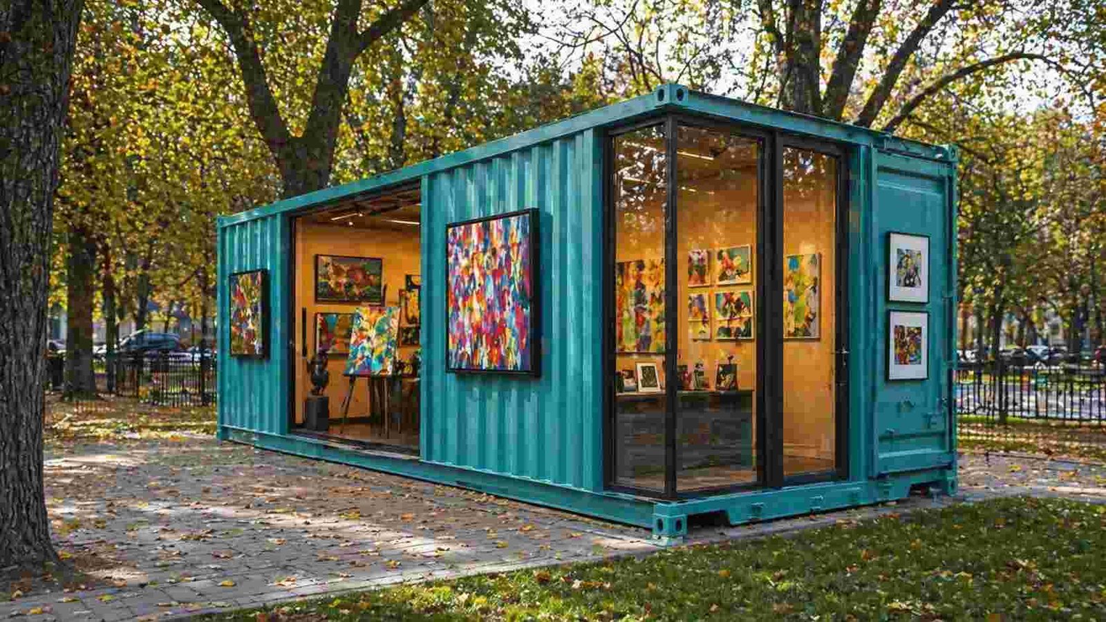 Modern container office cabin with glass front in natural landscape