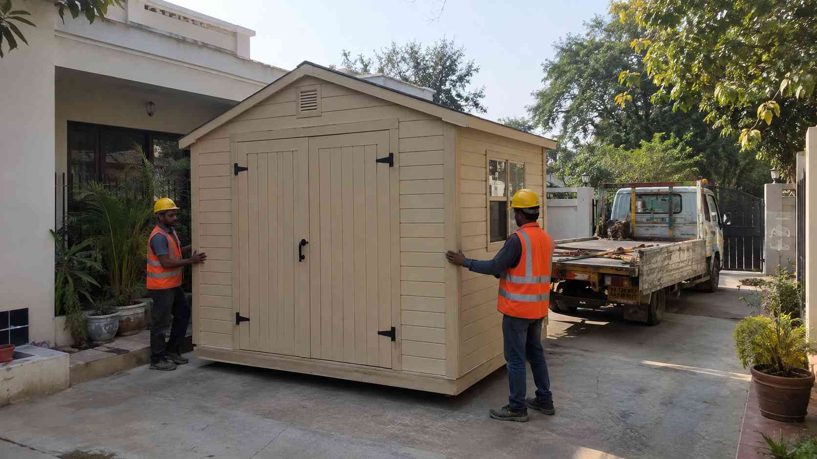 Beige garden shed being placed on a level pad at a home with a delivery truck behind.