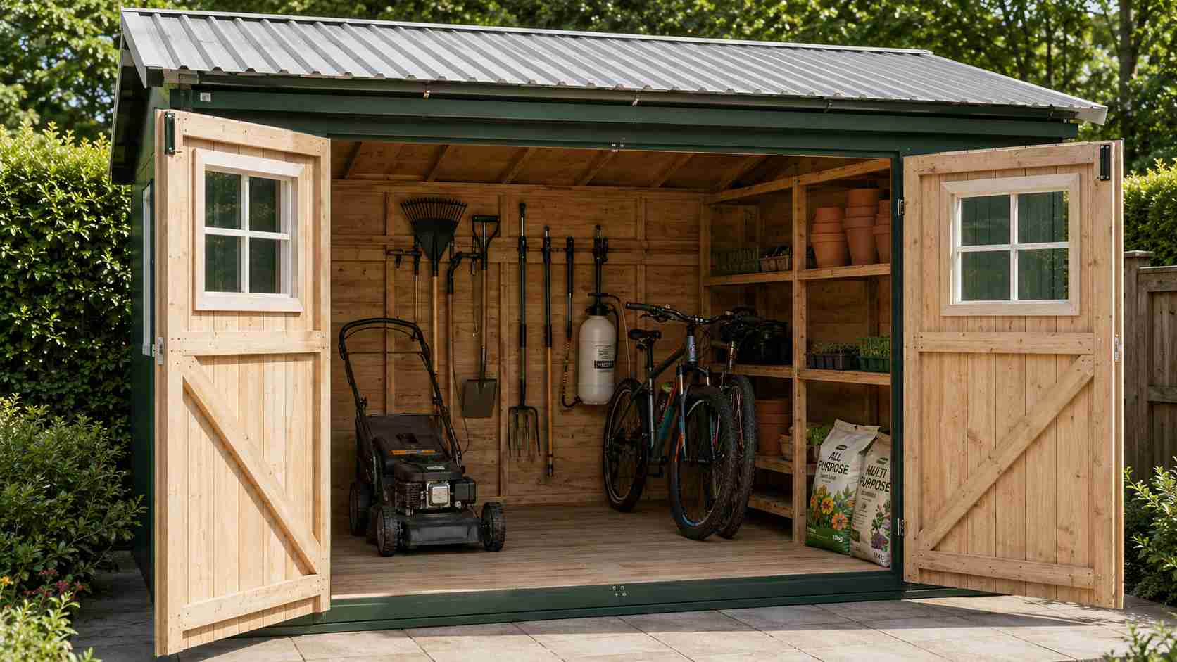 Inside a green garden shed showing a mower, bicycles and garden tools on wall racks.