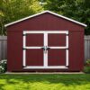 Maroon steel-and-wood garden shed, 15×10 ft, with white double doors on a home lawn.