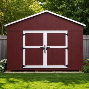 Maroon steel-and-wood garden shed, 15×10 ft, with white double doors on a home lawn.