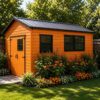 Orange steel-and-wood garden shed with a single lockable door and two windows on a lawn.