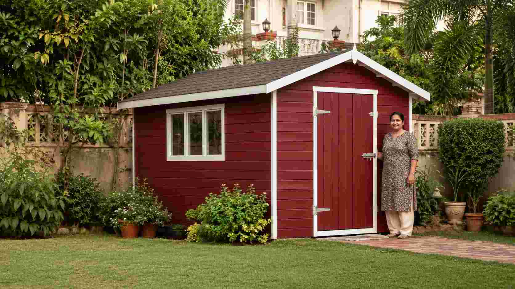 A person beside a burgundy garden shed showing its compact, home-sized scale on a lawn.