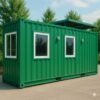 Modern green container office exterior with glass door and windows