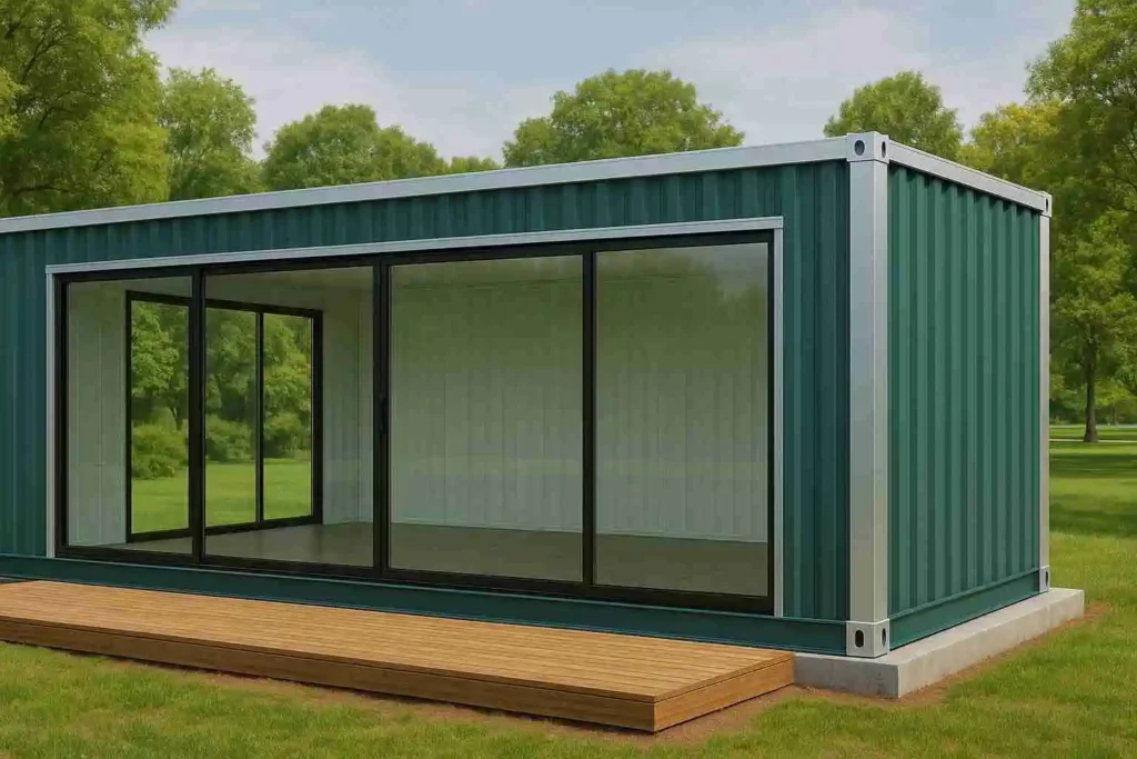 Green portable containerized work pod with wooden deck.