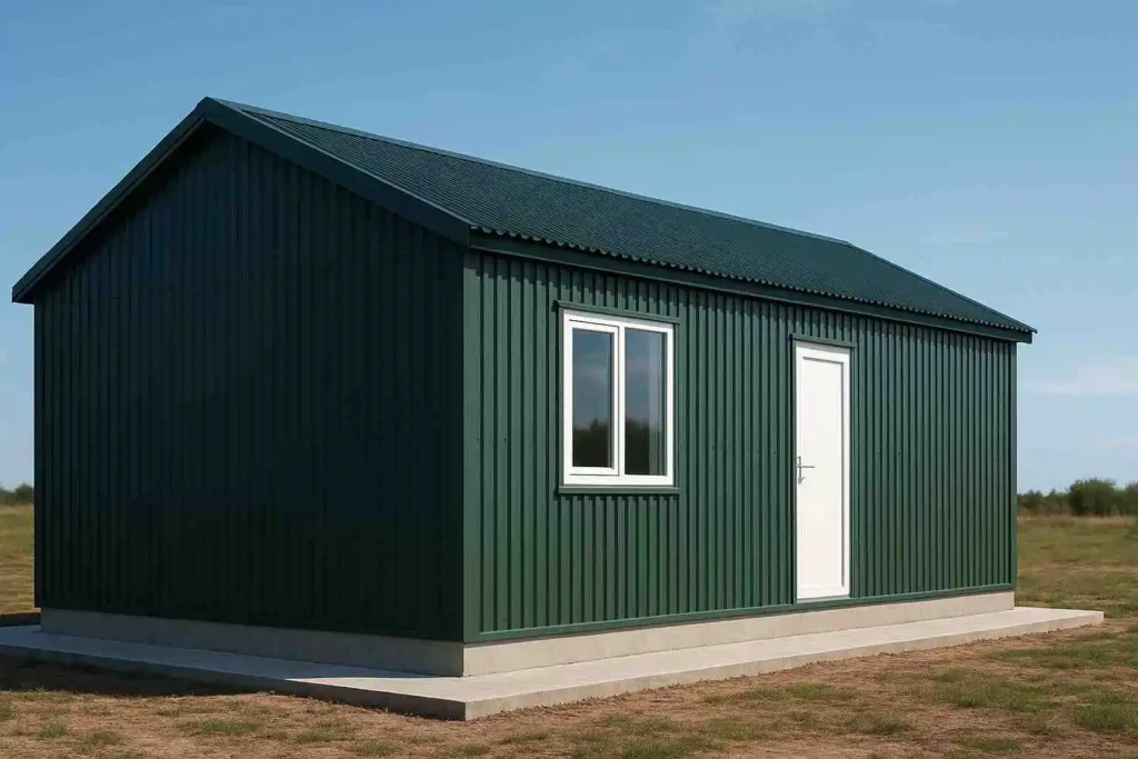 Green prefab luxury container house with pitched roof