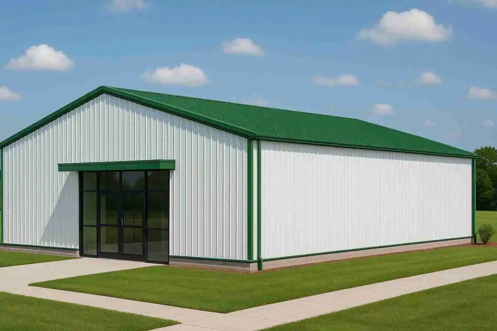 Pre-engineered building with green roof and trims