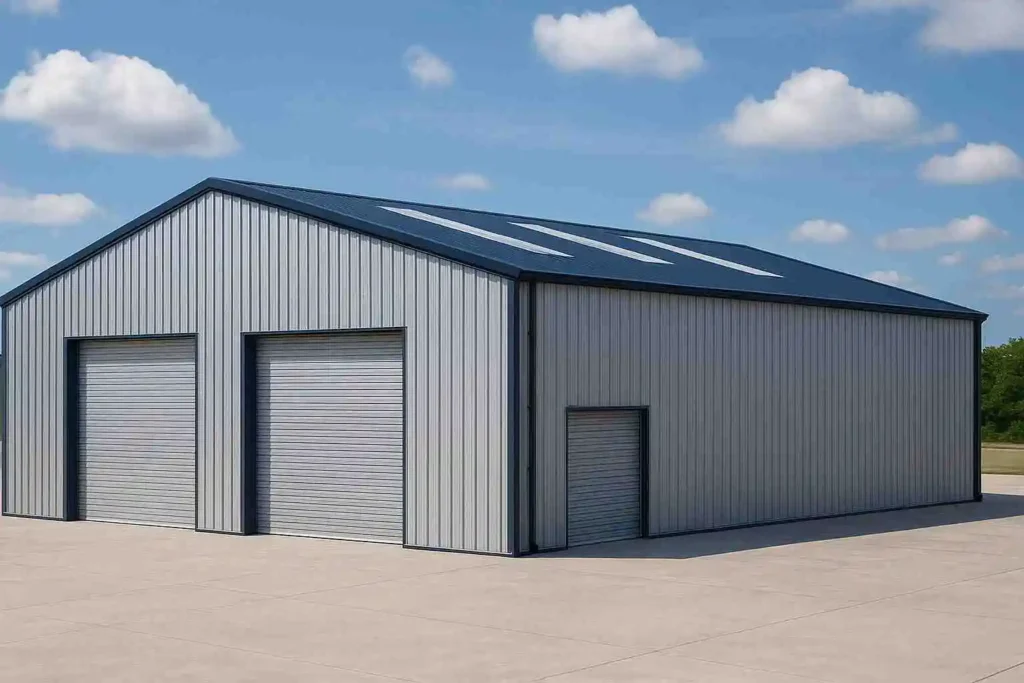 Grey PEB with dark blue roof and shutter doors