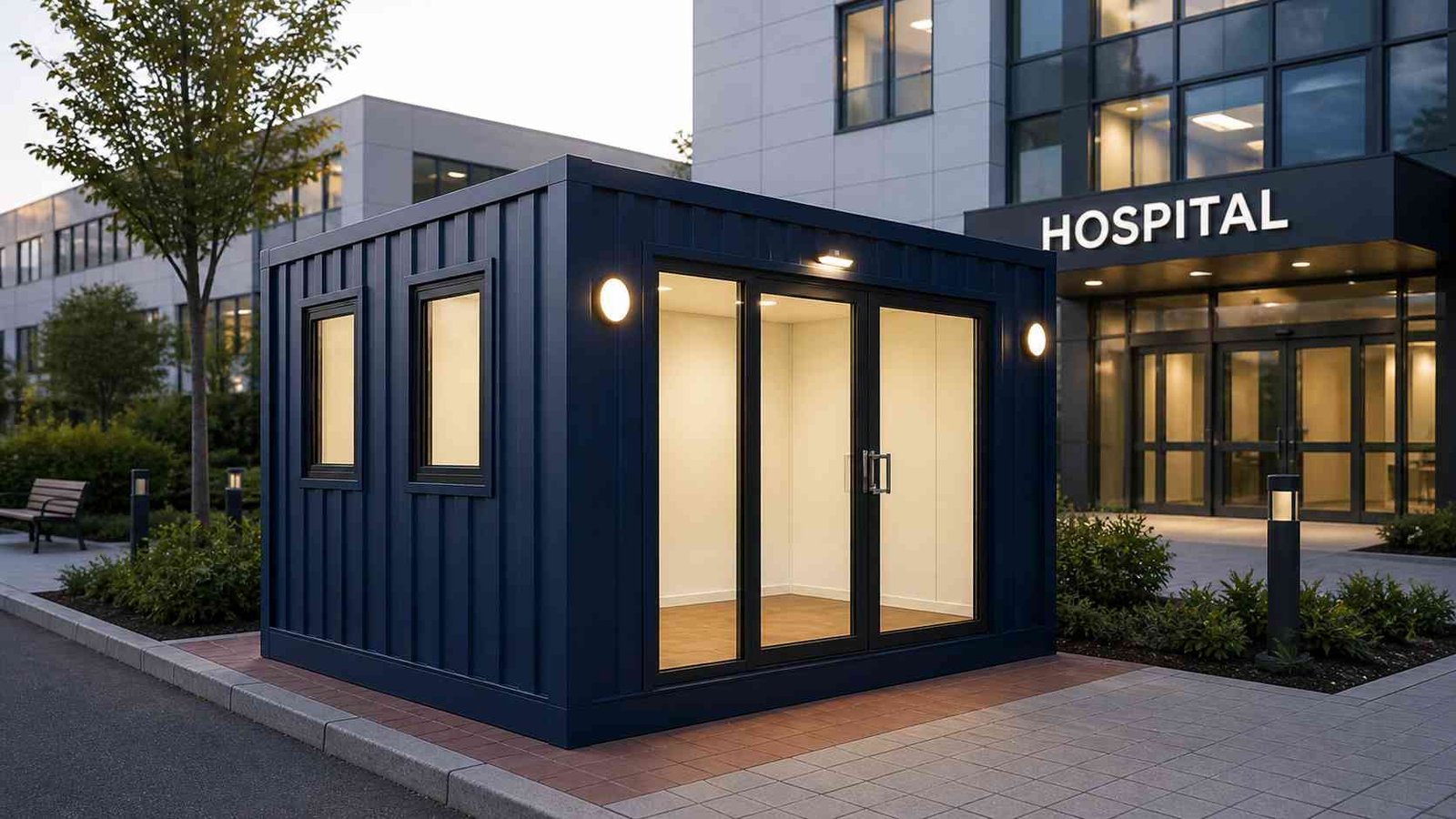 MS portable cabin installed at a hospital entrance — mild steel grade portable cabin for institutional procurement India
