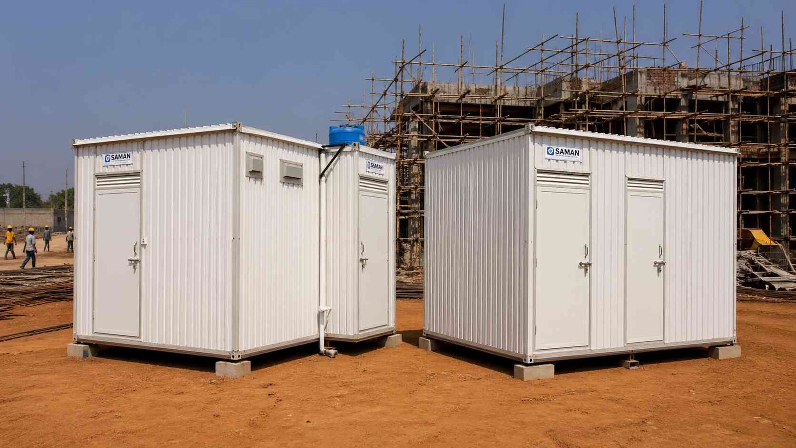 porta cabin with toilet external attachment vs internal partition India MS corrugated SAMAN