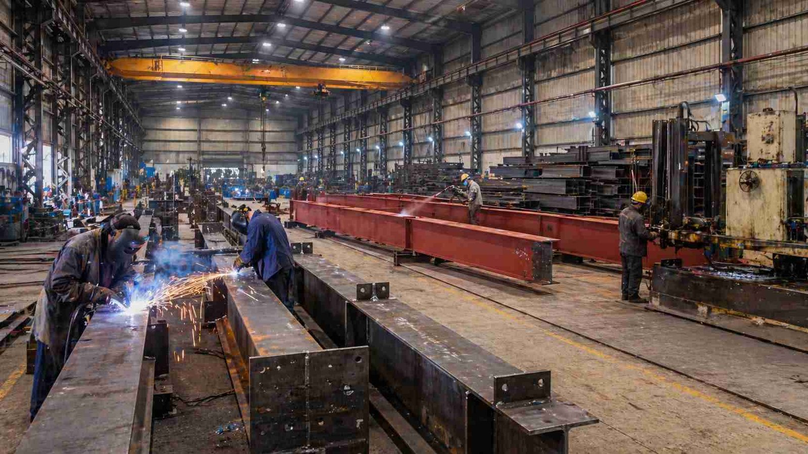 PEB construction steel fabrication factory India IS 2062 frame manufacturing