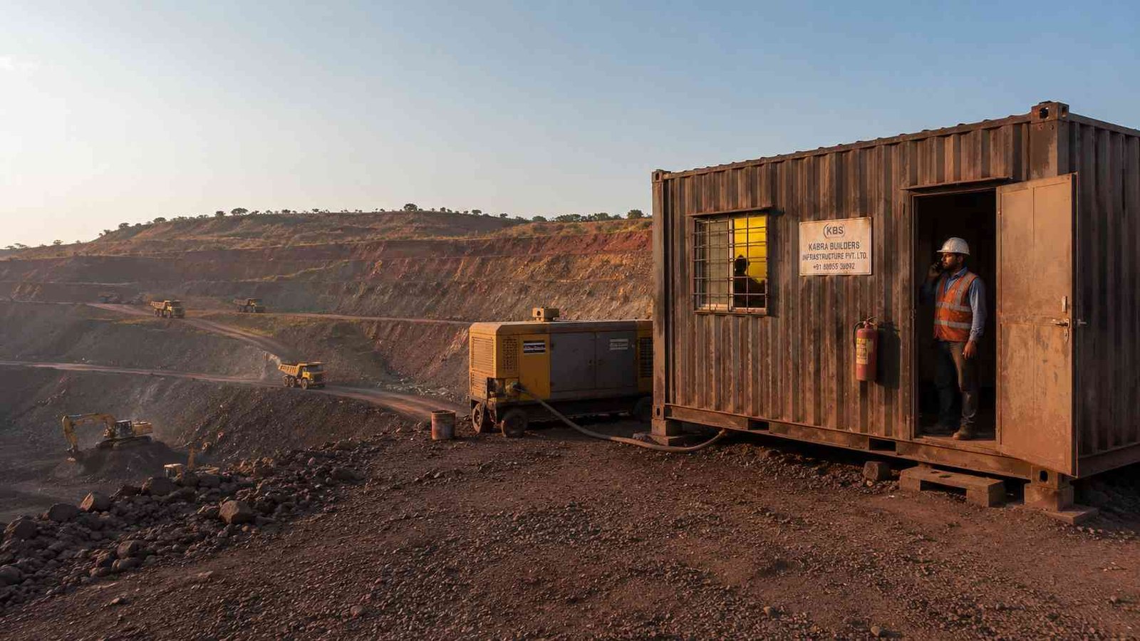 Container office cabin at Indian open cast mining site — dust-coated corrugated steel, haul trucks, excavator, mine supervisor, iron ore pit
