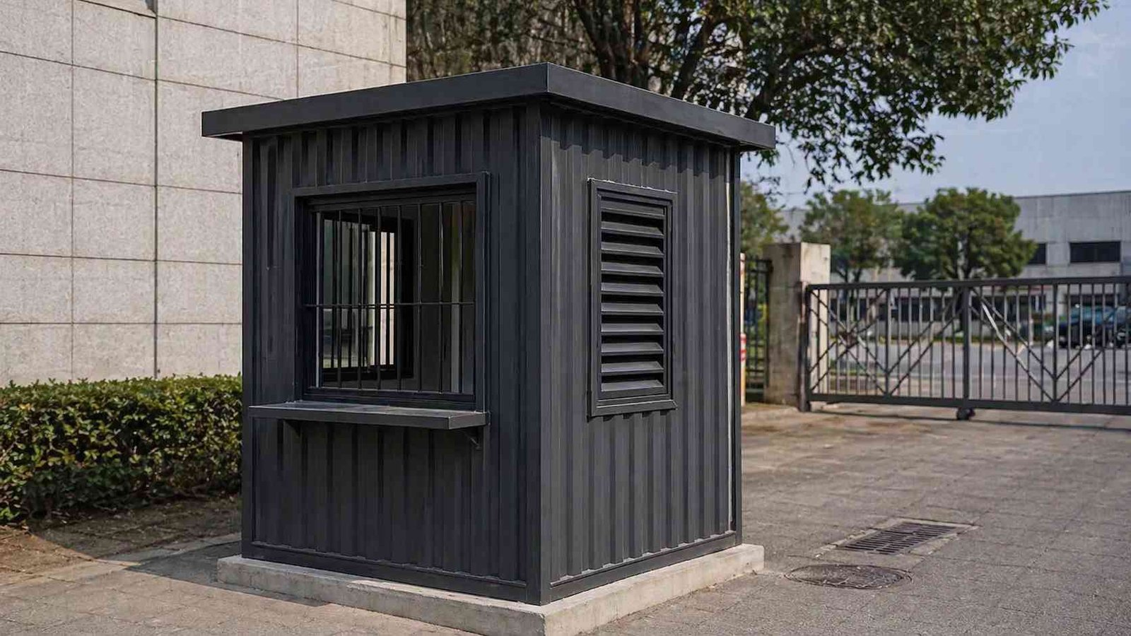 security cabin MS panels factory gate India louvre ventilation dark grey