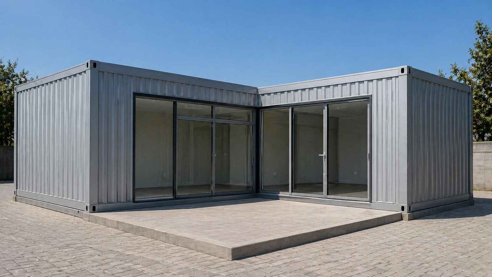 Modern porta cabin office with glass front and modular steel structure