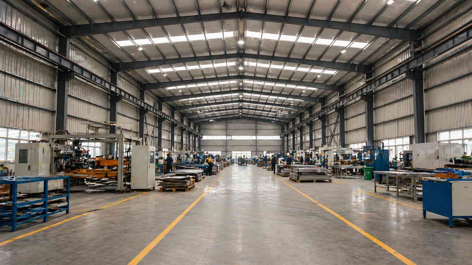 industrial shed interior factory floor clear span India production equipment