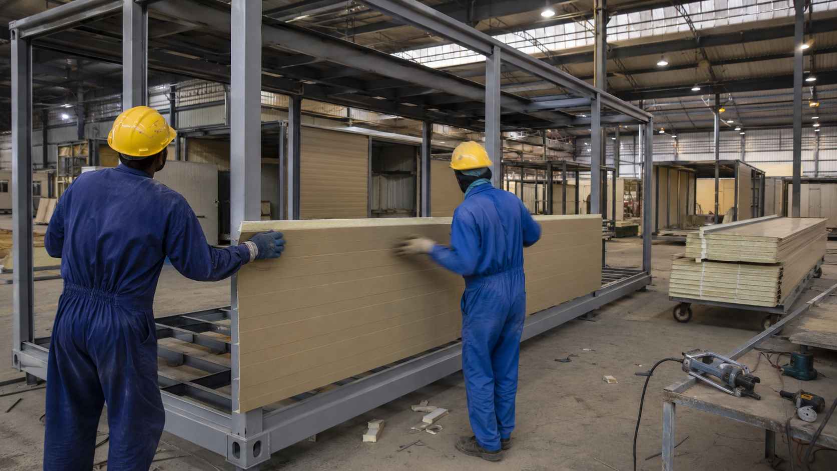 Workers fitting a Sandstone Beige PUF panel onto a steel frame on a SAMAN factory floor.