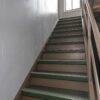 Interior staircase between floors in inexpensive container home, MS plate treads in Forest Green with steel handrail.