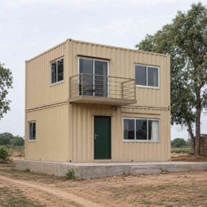 Two-storey inexpensive container home in Sandstone Beige with Forest Green entry door on rural Indian plot.