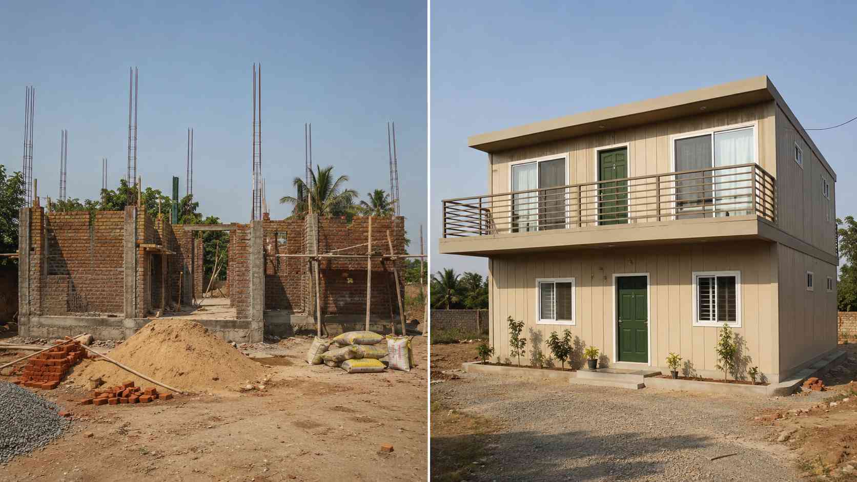 Split comparison of mid-build Indian RCC brick site on the left and a finished two-storey container home on the right.