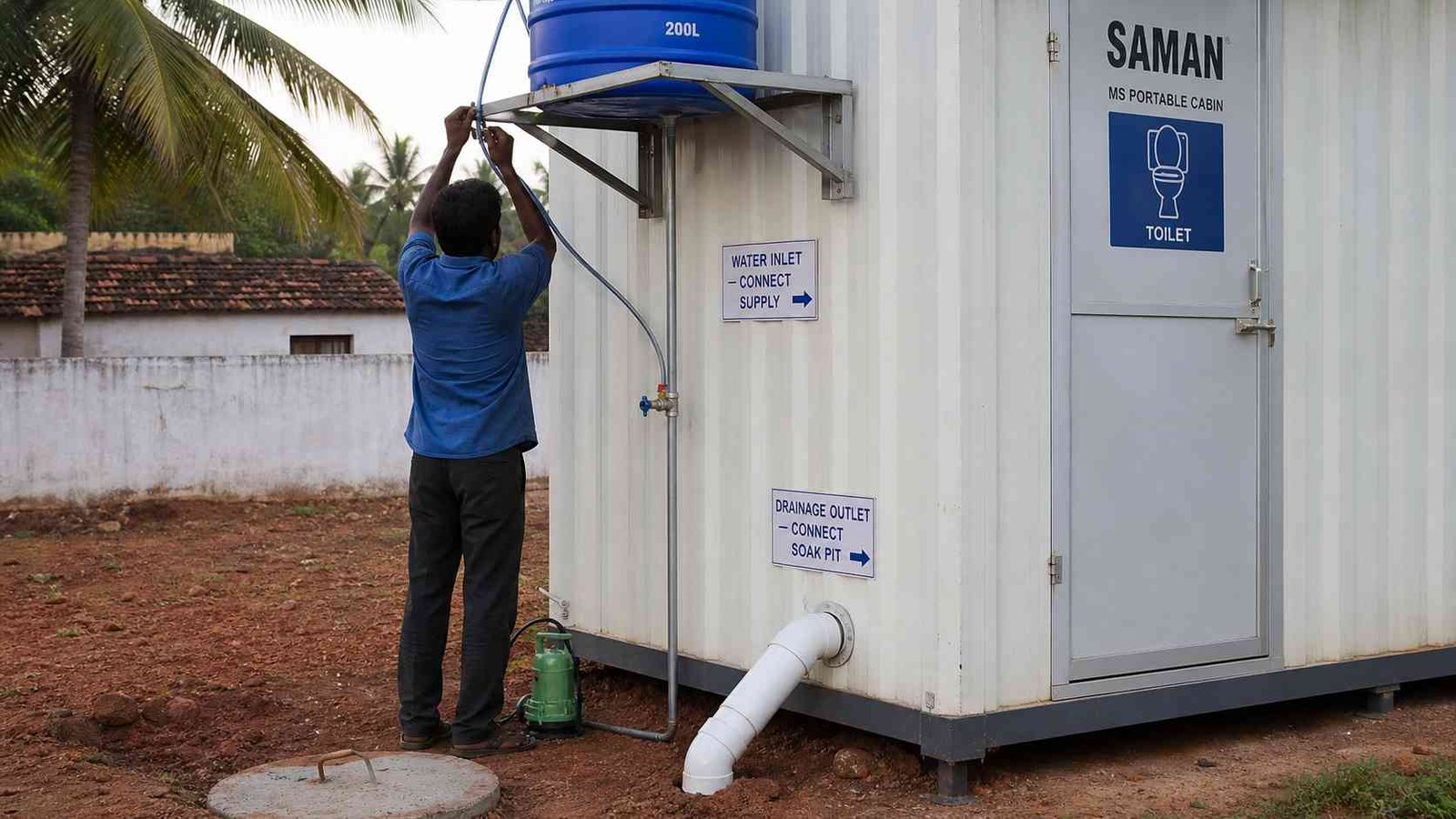 portable cabin with toilet site connected plumbing overhead tank bore well India rural SAMAN