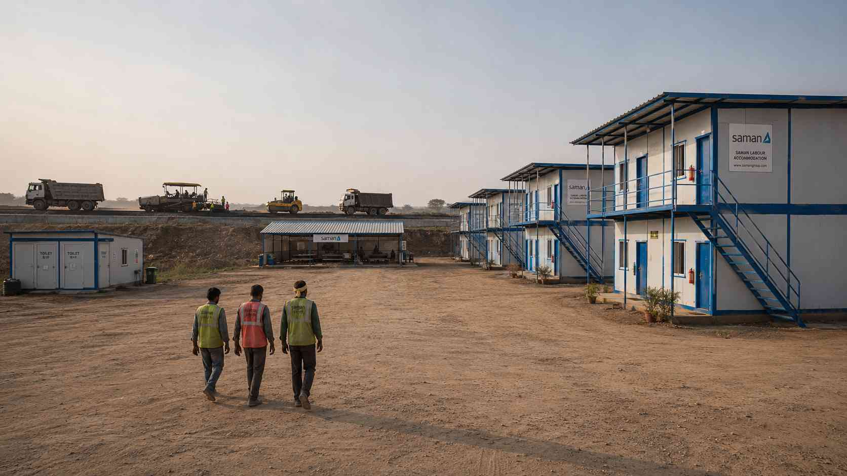 SAMAN labor accommodation deployed at an Indian highway construction project site with multi-block layout and partially-built carriageway in the background.