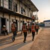 Indian construction workers in safety vests entering a SAMAN labor accommodation dormitory block during evening shift-change.