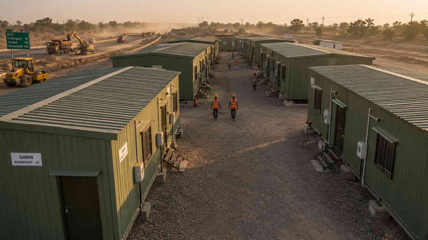 A row of sage green SAMAN dormitory blocks deployed beside an NHAI highway construction corridor at golden hour.