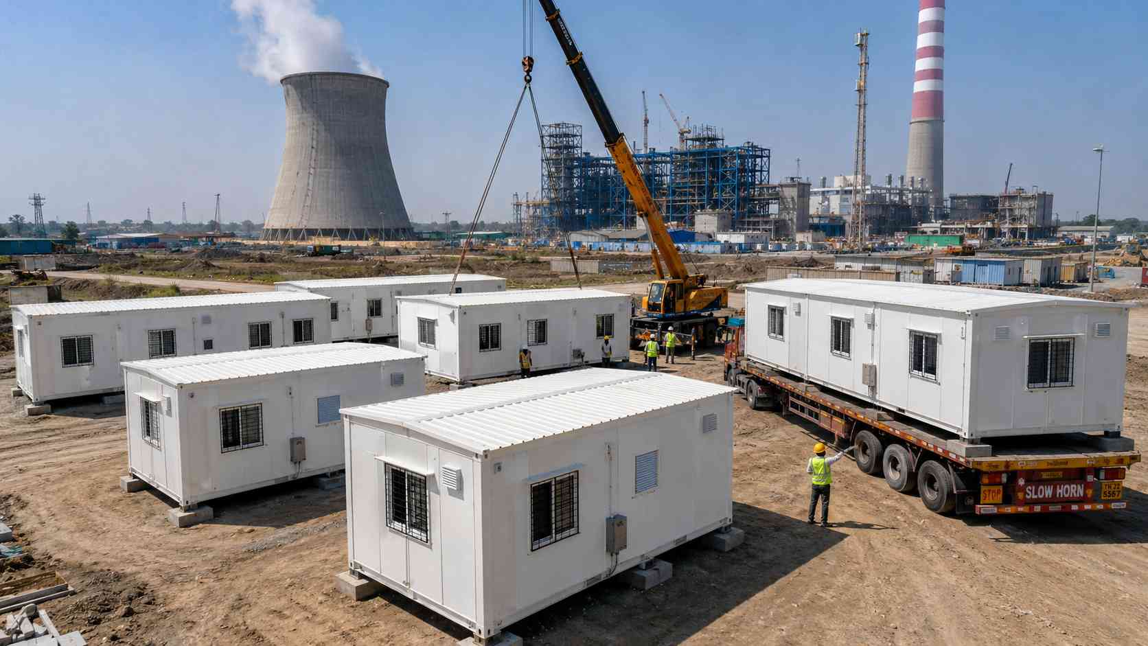 A pure white labor camp mid-deployment with a crane placing units at an Indian thermal power plant site.