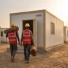 Construction workers in safety gear carrying bedrolls into a Sandstone Beige labor hutment at shift change.