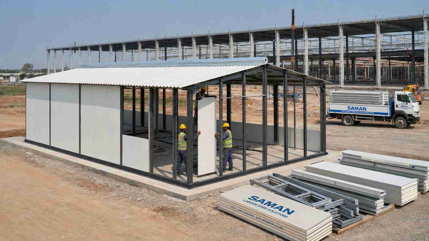 A SAMAN labor shed being assembled on-site by a small crew at an Indian industrial construction project