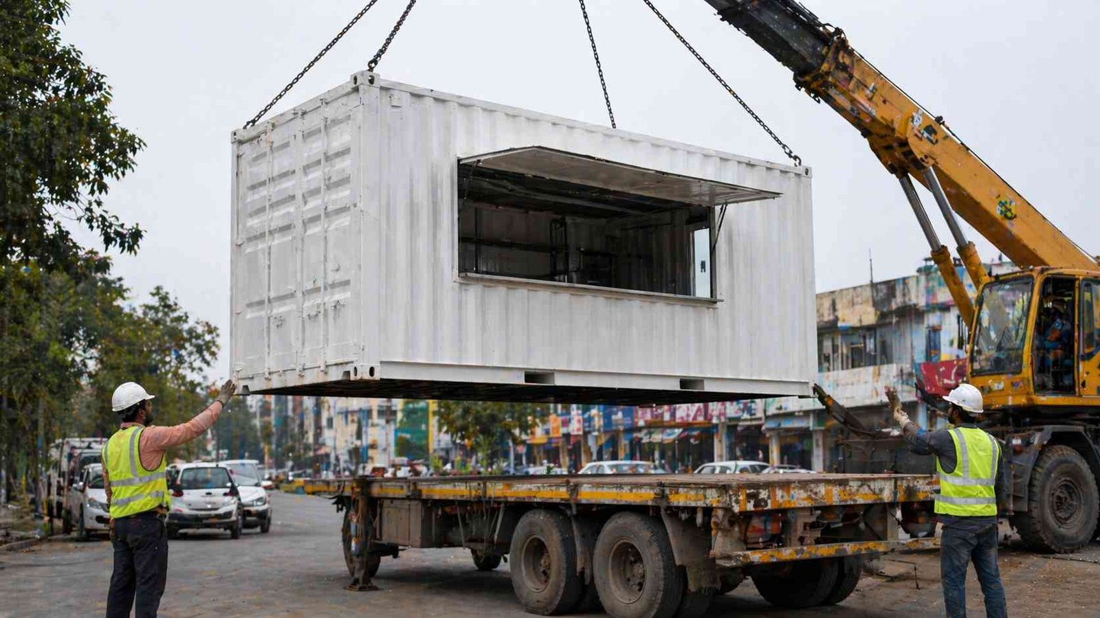 container cafe relocation crane lift India new location business flexibility