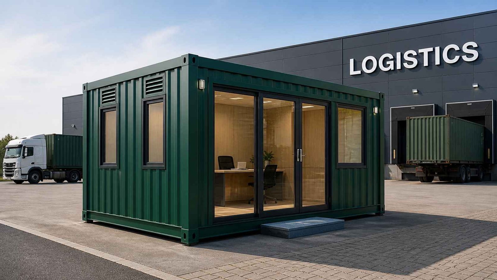MS portable cabin at a logistics facility — 20x12 ft mild steel structure with sliding door and ventilation panel for factory yard use